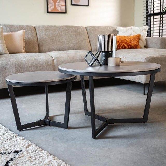 Salontafels - Salontafel Set van 2 Brady Rond Marmerlook Grijs - Dimehouse
