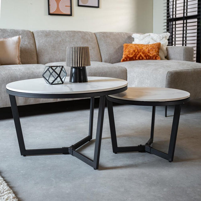Salontafels - Salontafel Set van 2 Brady Rond Marmerlook Wit - Dimehouse