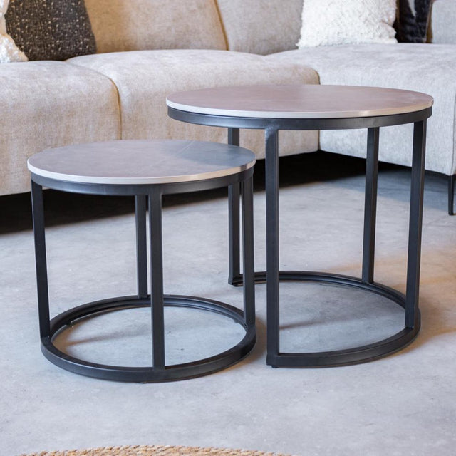 Salontafels - Ronde Salontafel Set van 2 Sintered Stone Marmerlook Paige Grijs - Dimehouse