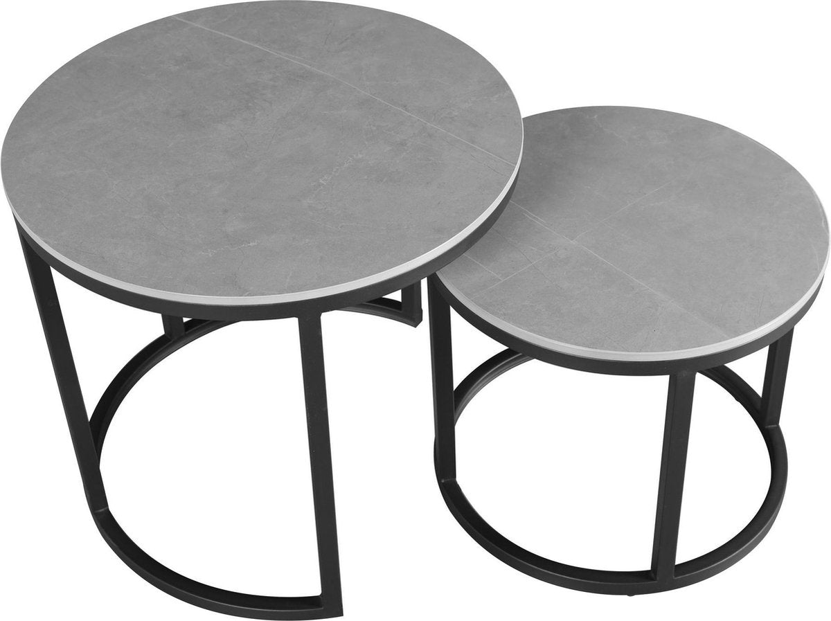 Salontafels - Ronde Salontafel Set van 2 Sintered Stone Marmerlook Paige Grijs - Dimehouse