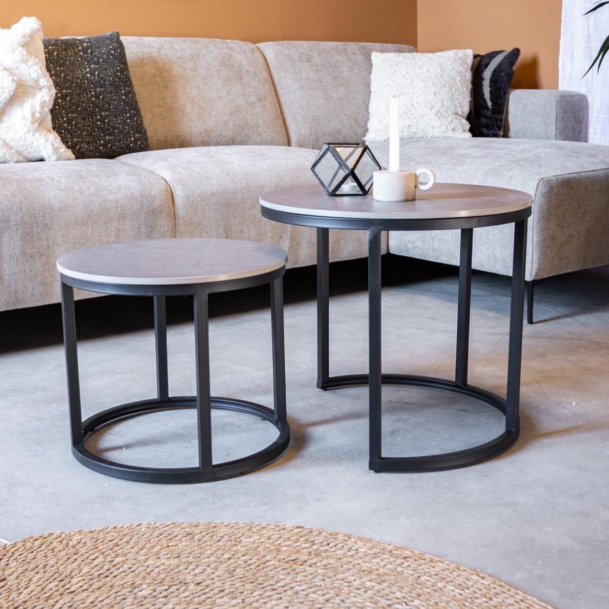 Salontafels - Ronde Salontafel Set van 2 Sintered Stone Marmerlook Paige Grijs - Dimehouse