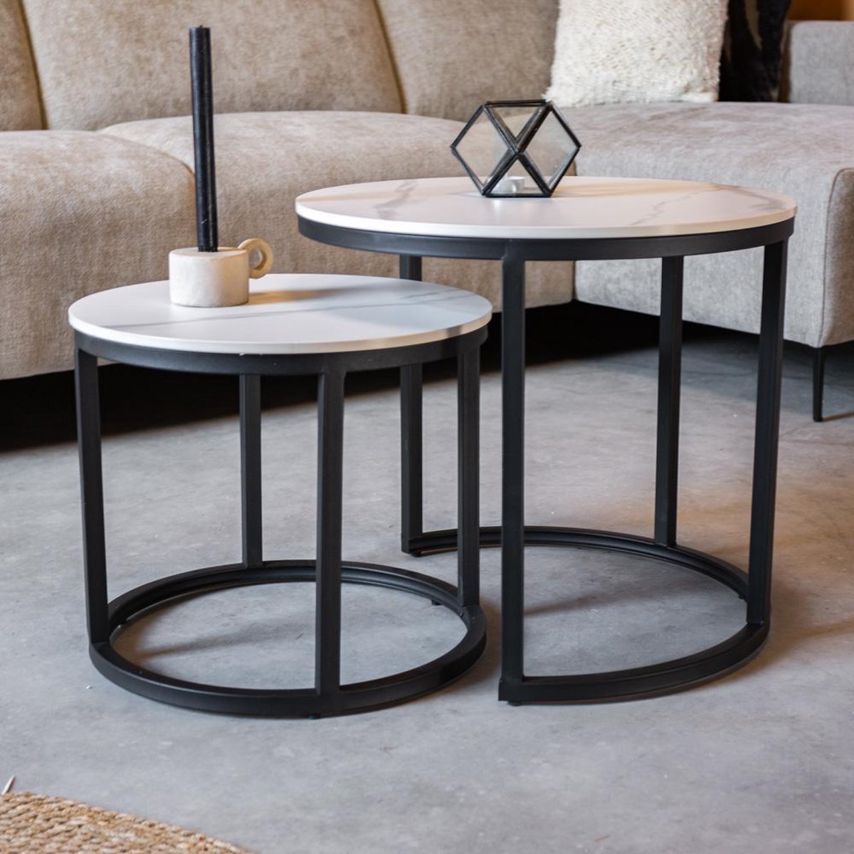 Salontafels - Ronde Salontafel Set van 2 Sintered Stone Marmerlook Paige Wit - Dimehouse