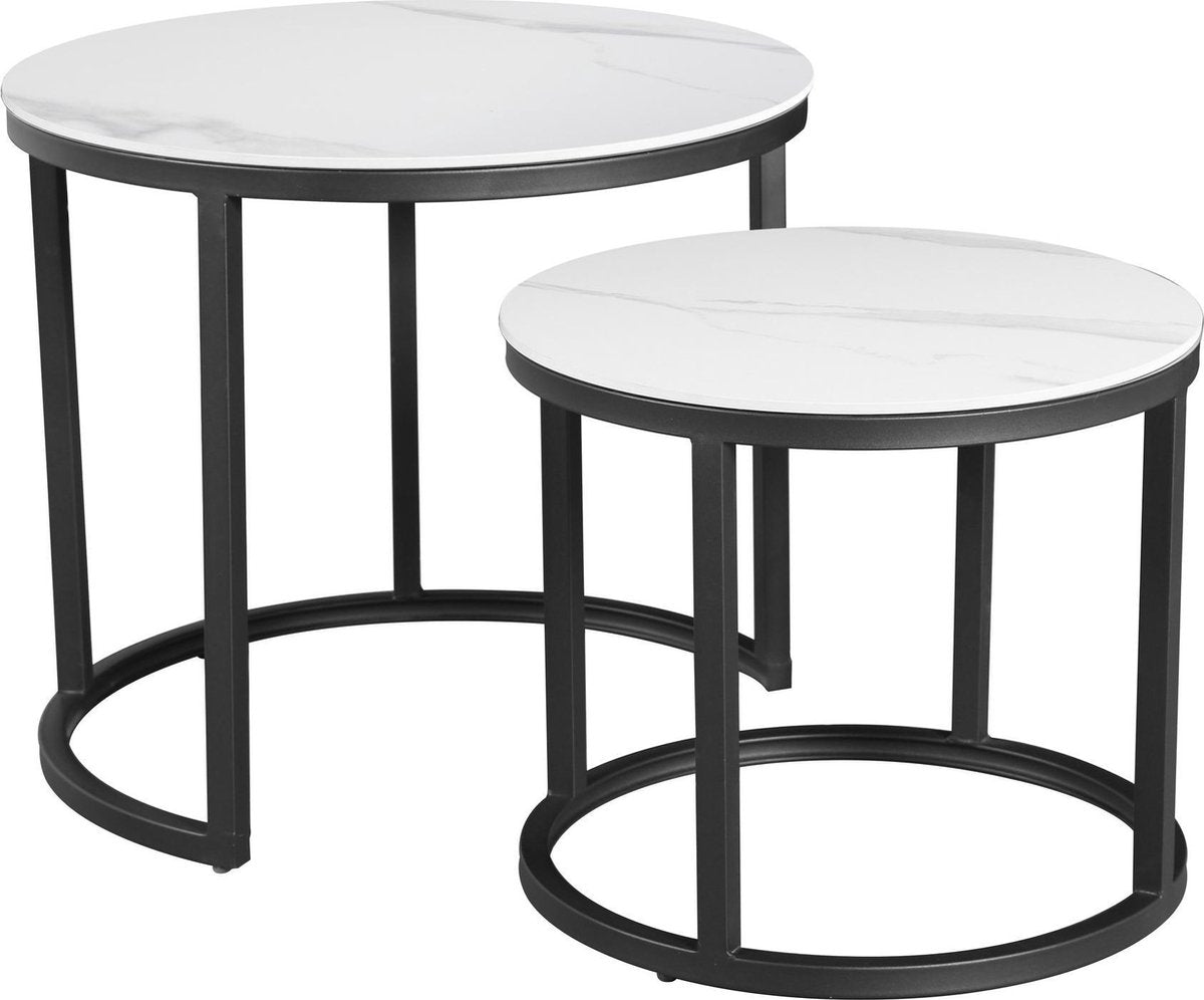 Salontafels - Ronde Salontafel Set van 2 Sintered Stone Marmerlook Paige Wit - Dimehouse