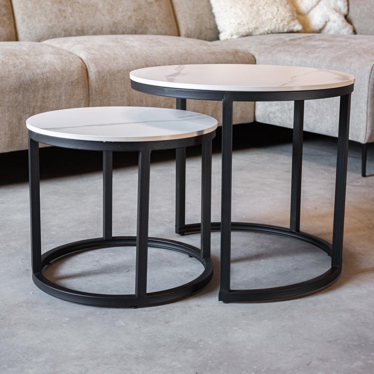 Salontafels - Ronde Salontafel Set van 2 Sintered Stone Marmerlook Paige Wit - Dimehouse