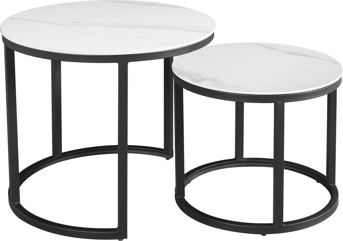 Salontafels - Ronde Salontafel Set van 2 Sintered Stone Marmerlook Paige Wit - Dimehouse