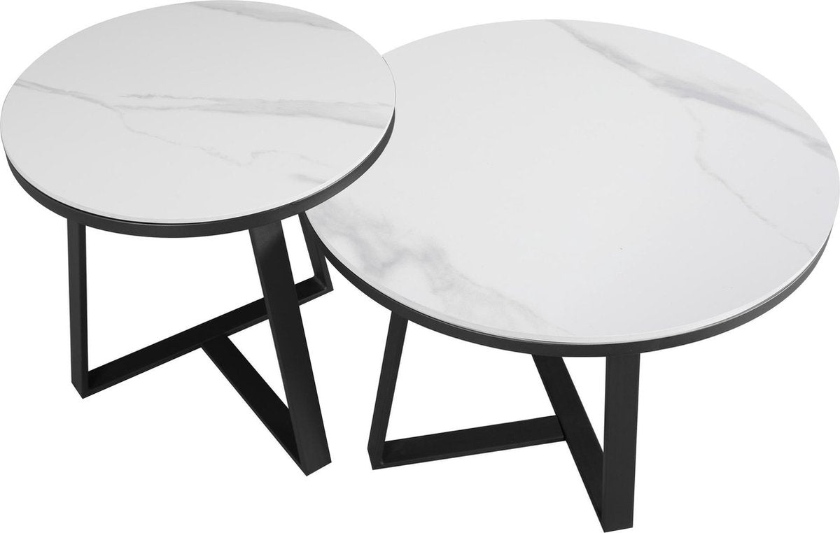 Salontafels - Salontafel Set van 2 Tanner Rond Marmerlook Wit - Dimehouse